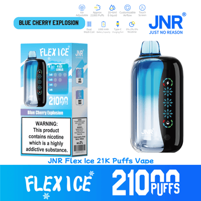 Bild des JNR Flex Ice 21K Puffs Vape mit Blaukirschexplosionsgeschmack, das seine Verpackung und Produktmerkmale wie einstellbare Eismengen, 21.000 Züge Kapazität und elegantes Design zeigt.