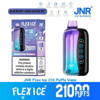 Werbedisplay für JNR Flex Ice 21K Puffs Vape im Geschmack Blueberry Sour Raspberry, das das Vape-Gerät mit Farbverläufen, Spezifikationen und Warnungen vor Nikotinsucht zeigt.