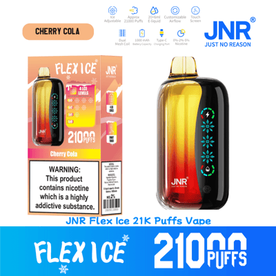 Verpackung und Gerät für JNR Flex Ice 21K Puffs Vape im Geschmack Cherry Cola, mit einstellbaren Eiseinstellungen und Spezifikationen wie 21.000 Zügen, 20–6 ml E-Liquid-Kapazität und Warnung zum Nikotingehalt.