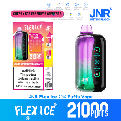 Werbebild des JNR Flex Ice Vape mit zweifarbigem lila-grünem Design mit Touch-Bedienung, beiliegender Box mit der Geschmacksrichtung „Kirsche-Erdbeere-Himbeere“ und Produkthighlights wie 21.000 Zügen und Nikotinwarnung.