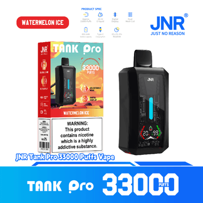 A promotional image for the JNR Tank Pro vape device, offering Watermelon Ice flavor, with specifications including 33000 puffs, digital display, and adjustable features.