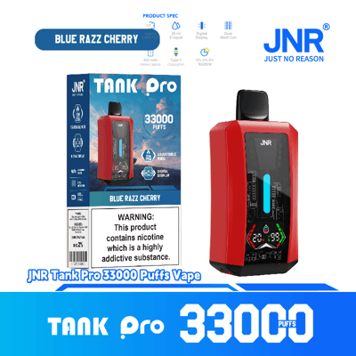 Advertisement image showcasing the JNR Tank Pro 33000 Puffs Vape in red color with product specifications and warning about nicotine addiction.