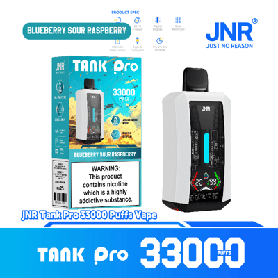 Promotional image of the JNR Tank Pro vape device featuring 33000 puffs, digital display, and Blueberry Sour Raspberry flavor, alongside the product packaging and key specifications.