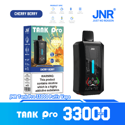 Packaging and device of JNR Tank Pro 33000 Puffs Vape in Cherry Berry flavor, featuring product specifications and warnings.