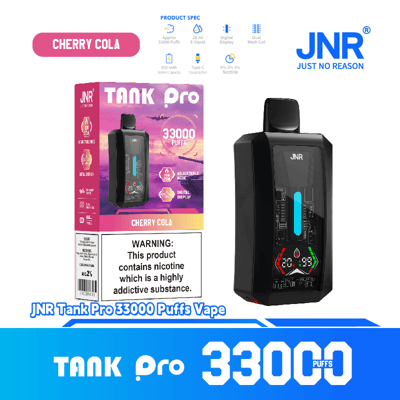 Promotional image of the JNR Tank Pro 33000 Puffs Vape in Cherry Cola flavor, showing the product packaging and the vaping device with a digital display.
