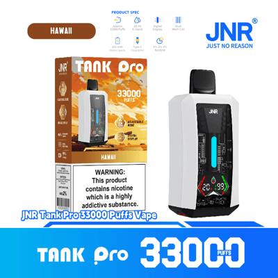 A marketing image showcasing the JNR Tank Pro vape device with 33,000 puffs in the 'Hawaii' flavor, including features like a digital display, adjustable mode, and nicotine content warning.