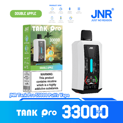 Promotional display for the JNR Tank Pro Double Apple Vape, featuring 33,000 puffs, a digital display, adjustable settings, and a design with technological elements.