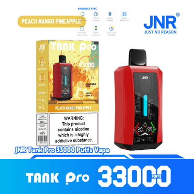 A promotional image for the JNR Tank Pro disposable vape offering 33,000 puffs, featuring a red device with a digital display and specifications outlined on the packaging. The flavor highlighted is peach mango pineapple.