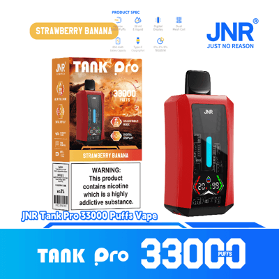 Promotional image showing the JNR Tank Pro vape device in strawberry banana flavor, featuring a bold red design, digital display, and specifications for 33000 puffs.