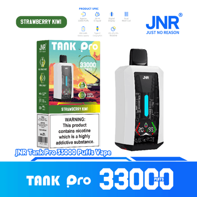 Promotional image featuring the JNR Tank Pro vape device and its packaging advertising a strawberry kiwi flavor and 33,000 puffs capacity.