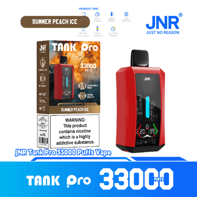 Promotional image of the JNR Tank Pro 33000 Puffs Vape with Summer Peach Ice flavor, featuring a red device with a digital display and specifications such as 33000 puffs, adjustable modes, and a warning about nicotine content.