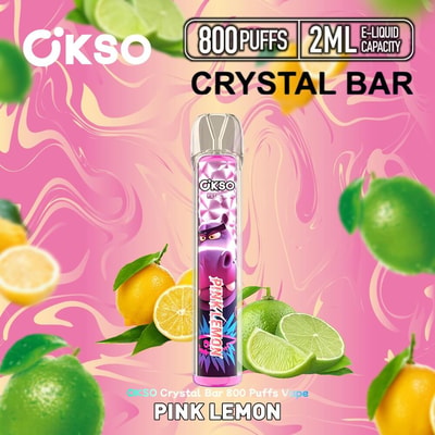 Image promotionnelle pour la vape au goût de citron rose OKSO Crystal Bar, présentant un design coloré avec des citrons et des limes sur un fond rose vif.