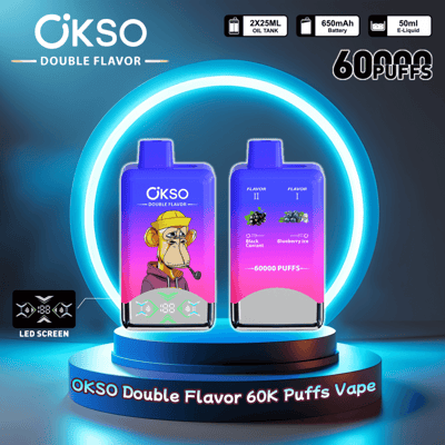 Promotional image showcasing OKSO Double Flavor Vape, featuring two large adjustable tanks for black currant and blueberry ice flavors, with details including 60,000 puffs capacity, LED display screen, and vibrant design with a cartoon monkey graphic.