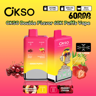 Promotional image for the OKSO Double Flavor 60K Puffs Vape, featuring two units in a yellow-to-pink gradient design with flavors Strawberry Banana and Cherry Fiesta, alongside visuals of LED screen icons and fruit graphics.