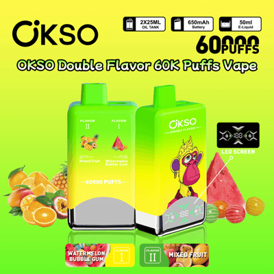 Promotional image for OKSO Double Flavor 60K Puffs Vape, featuring two vape devices in lime green with branding, advertising flavors such as Watermelon Bubble Gum and Mixed Fruit, specifications including 650mAh battery, 50ml e-liquid capacity, and LED screen.