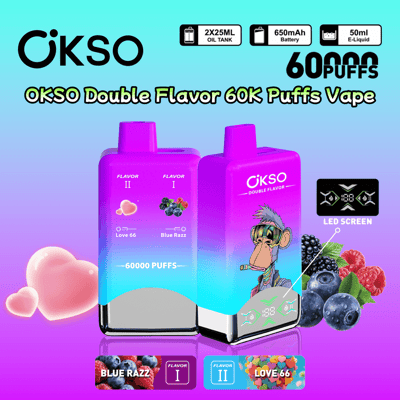 Promotional image for OKSO Double Flavor 60K Puffs Vape featuring two vape devices with LED screens, flavored options like Love 66 and Blue Razz, and highlighting a 650mAh battery, 50ml e-liquid capacity, and 60,000 puffs.