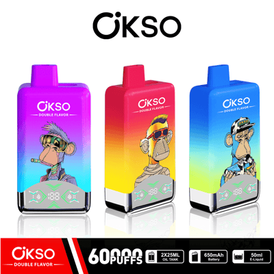 Three colorful OKSO Double Flavor vaping devices featuring cartoon illustrations of stylized monkeys on their front panels, set against gradient backgrounds; text below highlights features such as 60,000 puffs, dual oil tanks, and battery capacity.