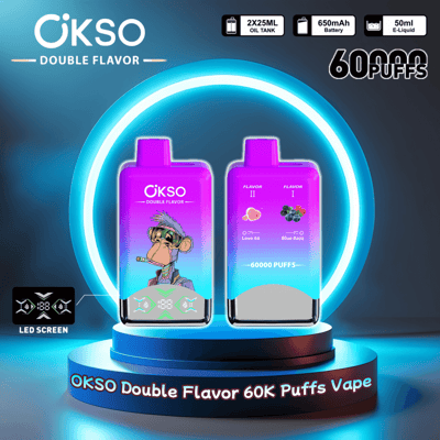 Promotional graphic displaying OKSO Double Flavor vape devices with 60,000 puffs, featuring LED screens, 650mAh batteries, and designs showcasing a cartoon monkey and flavor options labeled Love 66 and Blue Razz, set against a glowing circular blue background.