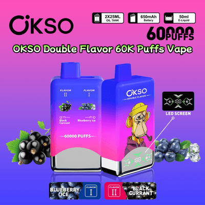 Promotional image of the OKSO Double Flavor 60000 Puffs Vape featuring two flavors: Blueberry Ice and Black Currant, with a gradient pink-to-purple background, LED screen display, and product highlights including battery capacity, oil tank size, and total e-liquid volume.