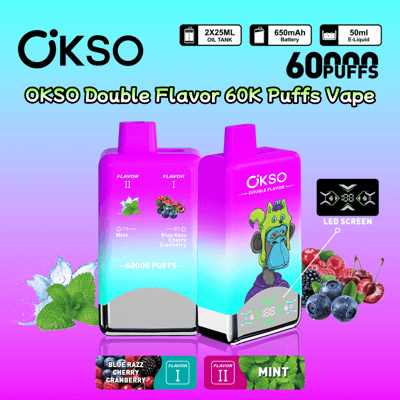 Promotional image for OKSO Double Flavor 60K Puffs Vape, showcasing a vibrant design of two vape devices offering Mint and Blue Razz Cherry Cranberry flavors, featuring specifications such as 650mAh battery, 50ml e-liquid, LED screen, and 60,000 puffs capacity, set on a gradient backdrop with flavor illustrations.