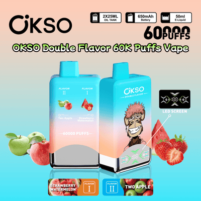 Promotional image of OKSO Double Flavor vape device with 60,000 puffs capacity, showcasing Two Apple and Strawberry Watermelon flavors, a design featuring vibrant colors, and specifications including LED screen, 650mAh battery, and 50ml e-liquid capacity.