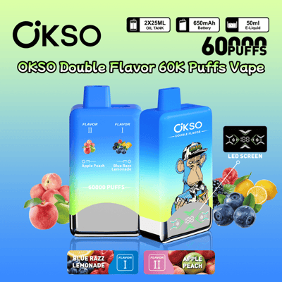 Promotional image for OKSO Double Flavor 60K Puffs Vape showcasing two devices with flavors Blue Razz Lemonade and Apple Peach, featuring details on a 650mAh battery, LED screen, and 50ml e-liquid capacity, with fruit visuals and branding.