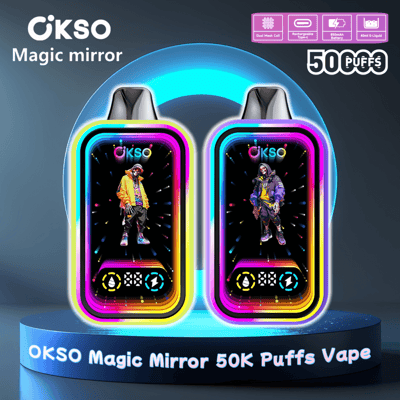 Promotional image showcasing the OKSO Magic Mirror 50K Puffs vape devices, featuring a colorful neon-lit design and artistic graphics on a circular display platform.