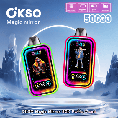 Deux appareils de vapotage OKSO Magic Mirror colorés avec des écrans lumineux aux motifs artistiques, sur fond de paysage glacé futuriste avec la marque et les caractéristiques du produit mises en valeur.