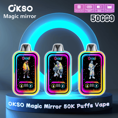 Présentoir promotionnel présentant les appareils OKSO Magic Mirror 50K Puffs Vape sur un fond éclairé au néon, chacun présentant des designs vibrants et colorés.