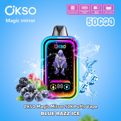 Appareil de vapotage électronique OKSO Magic Mirror avec un design néon multicolore, des saveurs de baies et de menthe étiquetées Blue Razz Ice, entouré de glaçons et de baies sur un fond bleu.