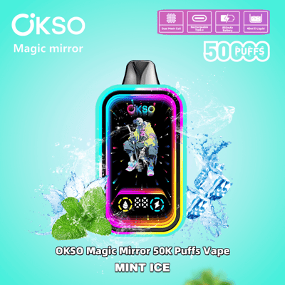 Image promotionnelle de la vape OKSO Magic Mirror 50K Puffs Mint Ice présentant un appareil coloré avec des accents néon, représenté sur un fond à thème menthe et glace mettant en valeur les caractéristiques du produit comme la bobine à double maille et la batterie 850 mAh.