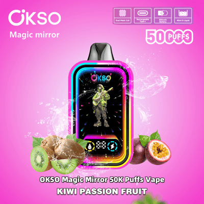 Une image promotionnelle de l'OKSO Magic Mirror 50K Puffs Vape avec saveur Kiwi Passion Fruit, présentant un design d'appareil de vapotage aux couleurs vives et des icônes détaillées indiquant des fonctionnalités telles qu'une bobine à double maille, une batterie rechargeable de type C et une capacité d'e-liquide de 40 ml, sur un fond rose et agrémenté de visuels de kiwi et de fruit de la passion.