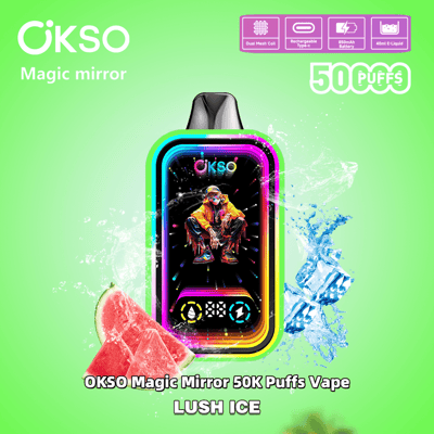 Image promotionnelle de la vape OKSO Magic Mirror 50K Puffs au goût Lush Ice, avec un design coloré, des éclats de glace et des images de pastèque sur fond vert.