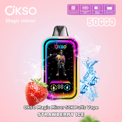 Image promotionnelle de la saveur OKSO Magic Mirror 50K Puffs Vape Strawberry Ice présentant un design dynamique avec des visuels sur le thème de la fraise et de la glace aux côtés des spécifications du produit en arrière-plan.