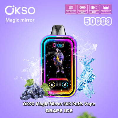 Image promotionnelle du OKSO Magic Mirror 50K Puffs Vape avec une saveur de glace au raisin, présentant l'appareil avec des lumières vibrantes et des éléments graphiques, notamment des raisins et des glaçons sur un fond violet.