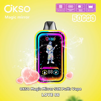 Image promotionnelle de la vape OKSO Magic Mirror 50K Puffs au goût Love 66, avec un design coloré avec des spécifications de vapotage telles qu'une bobine à double maille et une compatibilité rechargeable de type C.