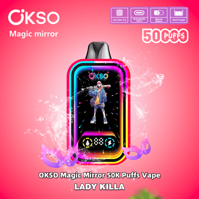Image promotionnelle du OKSO Magic Mirror 50K Puffs Vape présentant un design coloré avec une technologie de bobine à double maille, une batterie rechargeable, une capacité d'e-liquide de 40 ml et étiqueté « Lady Killa » sur un fond rose vif.