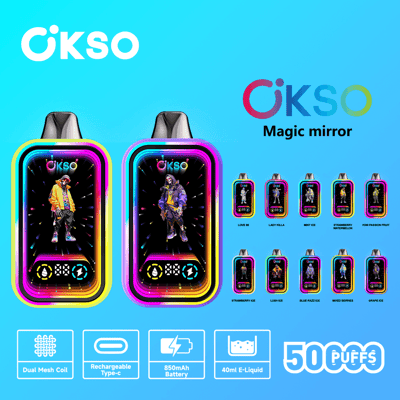 Publicité pour les appareils de vapotage OKSO Magic Mirror, présentant deux modèles aux couleurs vives avec des écrans numériques comportant des personnages stylisés, accompagnés d'icônes détaillant des fonctionnalités telles que des bobines à double maille, une charge de type C, une batterie de 850 mAh, une capacité de e-liquide de 40 ml et 5000 bouffées.