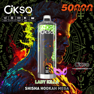 Graphique promotionnel présentant l'appareil OKSO Shisha Hookah Mega avec des illustrations vibrantes, ardentes et mystiques, mettant en évidence ses caractéristiques, notamment une capacité de 50 000 bouffées, un flux d'air réglable, une bobine à triple maille, une configuration rechargeable et une capacité d'e-liquide de 40 ml.