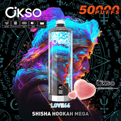 Image promotionnelle présentant le OKSO Shisha Hookah Mega avec des flammes colorées et des graphismes abstraits, mettant en valeur ses caractéristiques telles que le flux d'air réglable, la batterie rechargeable et la capacité de 50 000 bouffées.