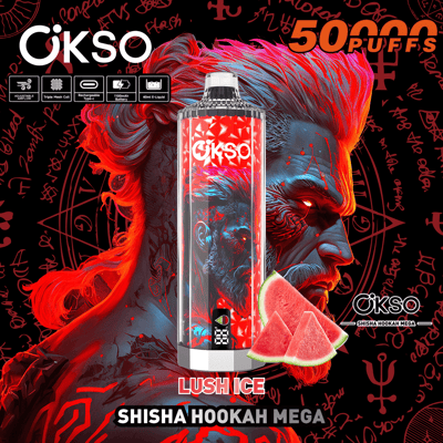 Image promotionnelle présentant l'appareil OKSO Shisha Hookah Mega étiqueté « Lush Ice », montrant des graphismes rouges et bleus vibrants et des fonctionnalités mises en évidence comme un flux d'air réglable et une batterie rechargeable avec une capacité de 50 000 bouffées sur un fond sombre et artistique avec des symboles stylisés.