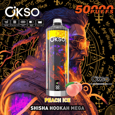 Image promotionnelle pour le OKSO Shisha Hookah Mega au goût Peach Ice, avec des motifs orange et noirs vibrants, des spécifications de produit et un arrière-plan thématique élaboré avec des symboles mystiques et un portrait stylisé.