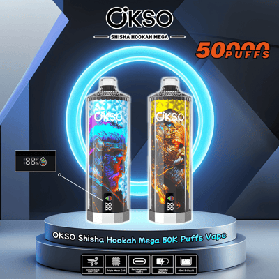 Publicité pour OKSO Shisha Hookah Mega 50 000 Puffs Vape, mettant en vedette deux appareils de vapotage colorés aux designs complexes, sur un fond futuriste éclairé en bleu.