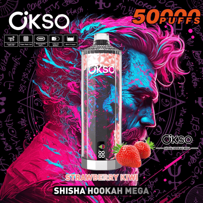 Image promotionnelle du OKSO Shisha Hookah Mega avec 50 000 bouffées présentées dans des couleurs vives et des détails de saveur fraise kiwi.