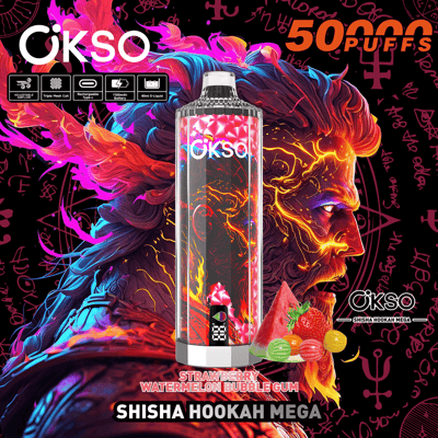 Image promotionnelle pour le OKSO Shisha Hookah Mega présentant un design d'appareil avec des graphismes enflammés et du texte mettant en valeur les saveurs de fraise, de pastèque et de chewing-gum ainsi que les spécifications du produit et des illustrations vibrantes.