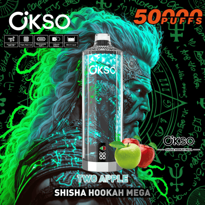 Image promotionnelle pour OKSO Shisha Hookah Mega, présentant un appareil de vapotage à saveur de deux pommes avec des accents verts néon brillants et des éléments graphiques mystiques.