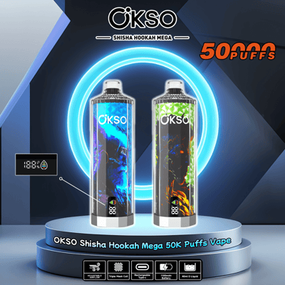 Publicité du produit OKSO Shisha Hookah Mega vape présentant deux appareils de vape aux designs artistiques, éclairés par un anneau de lumière bleue, mettant en évidence des fonctionnalités telles que le flux d'air réglable, la bobine à triple maille, le type C rechargeable et une batterie de 1100 mAh pour 50 000 bouffées.