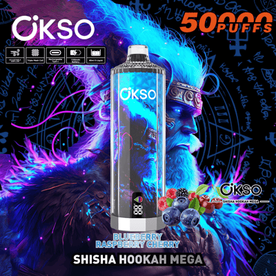 Image promotionnelle de l'appareil OKSO Shisha Hookah Mega aux saveurs de myrtille, de framboise et de cerise avec des illustrations et un texte vibrants indiquant une capacité de 50 000 bouffées.