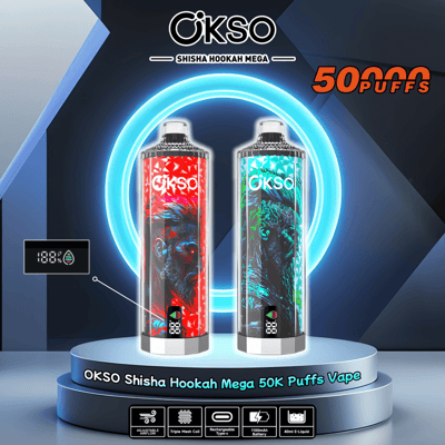 Image promotionnelle présentant deux appareils OKSO Shisha Hookah Mega 50K Puffs Vape, l'un avec des illustrations rouges et l'autre avec des illustrations bleues, ainsi que les caractéristiques du produit et la marque dans un design futuriste.