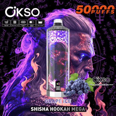 Image promotionnelle pour Okso Shisha Hookah Mega au goût Grape Ice avec des éléments de design violets et ardents, mettant en valeur 50 000 bouffées et des spécifications techniques telles que le flux d'air réglable et les fonctions rechargeables.